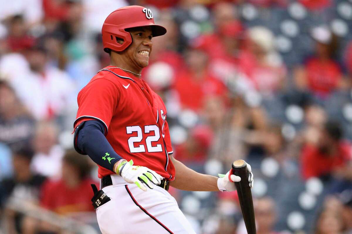 Washington Nationals' Juan Soto reacts after fouling a ball during the ninth inning of a baseball game against the St. Louis Cardinals, Sunday, July 31, 2022, in Washington. The Cardinals won 5-0.