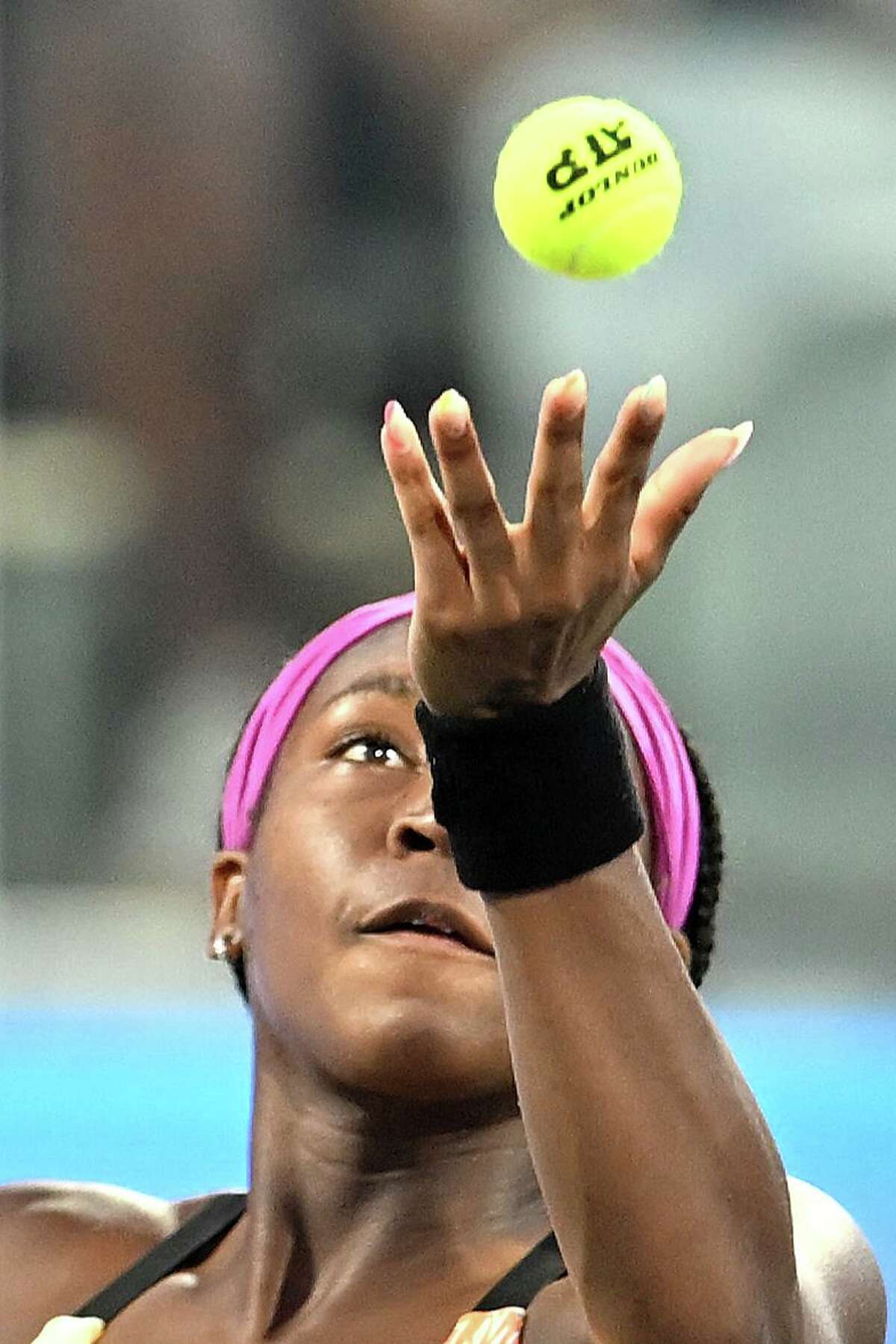 ATLANTA, GA - JULY 24: Coco Gauff competes during an exhibition match against Taylor Townsend at Atlantic Station on July 24, 2022 in Atlanta, Georgia. (Photo by Adam Hagy/Getty Images)