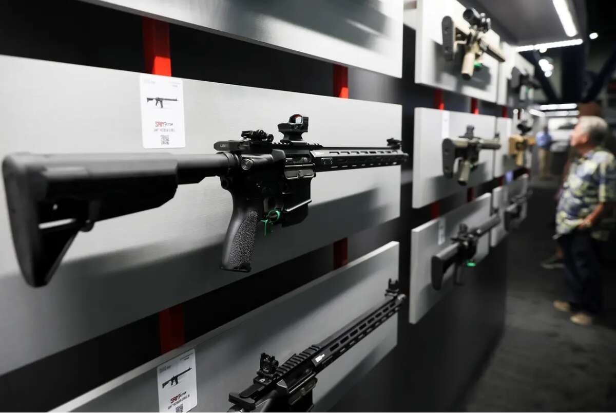 A Springfield Saint Victor AR-15 rifle is displayed during the National Rifle Association annual convention in Houston in May. The U.S. House passed a ban Friday on semi-automatic weapons, but the bill is expected to die in the Senate.