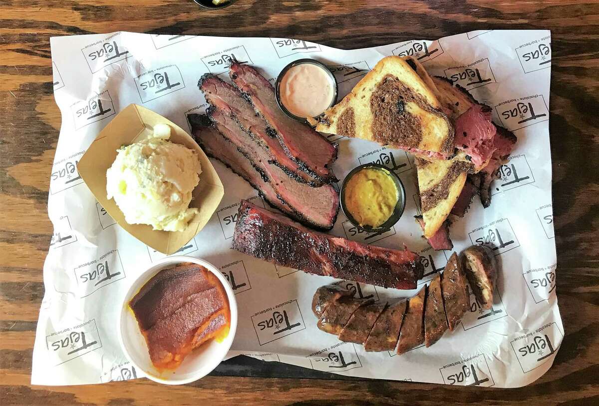 A tray of barbecue from Tejas in Tomball, Texas.