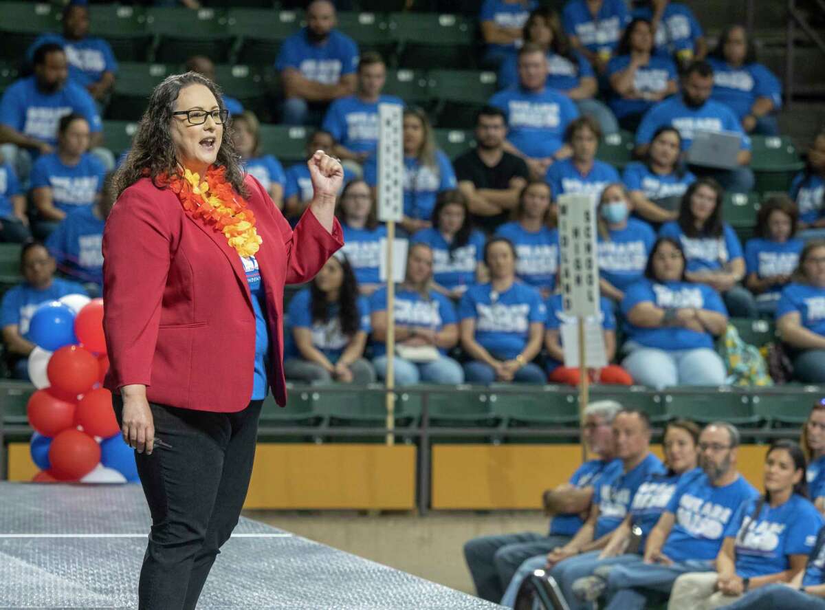 MISD Superintendent Angelica Ramsey speaks with Midland ISD teachers and staff 08/01/2022 at the 2022-2023 Convocation in the Chaparral Center. Tim Fischer/Reporter-Telegram