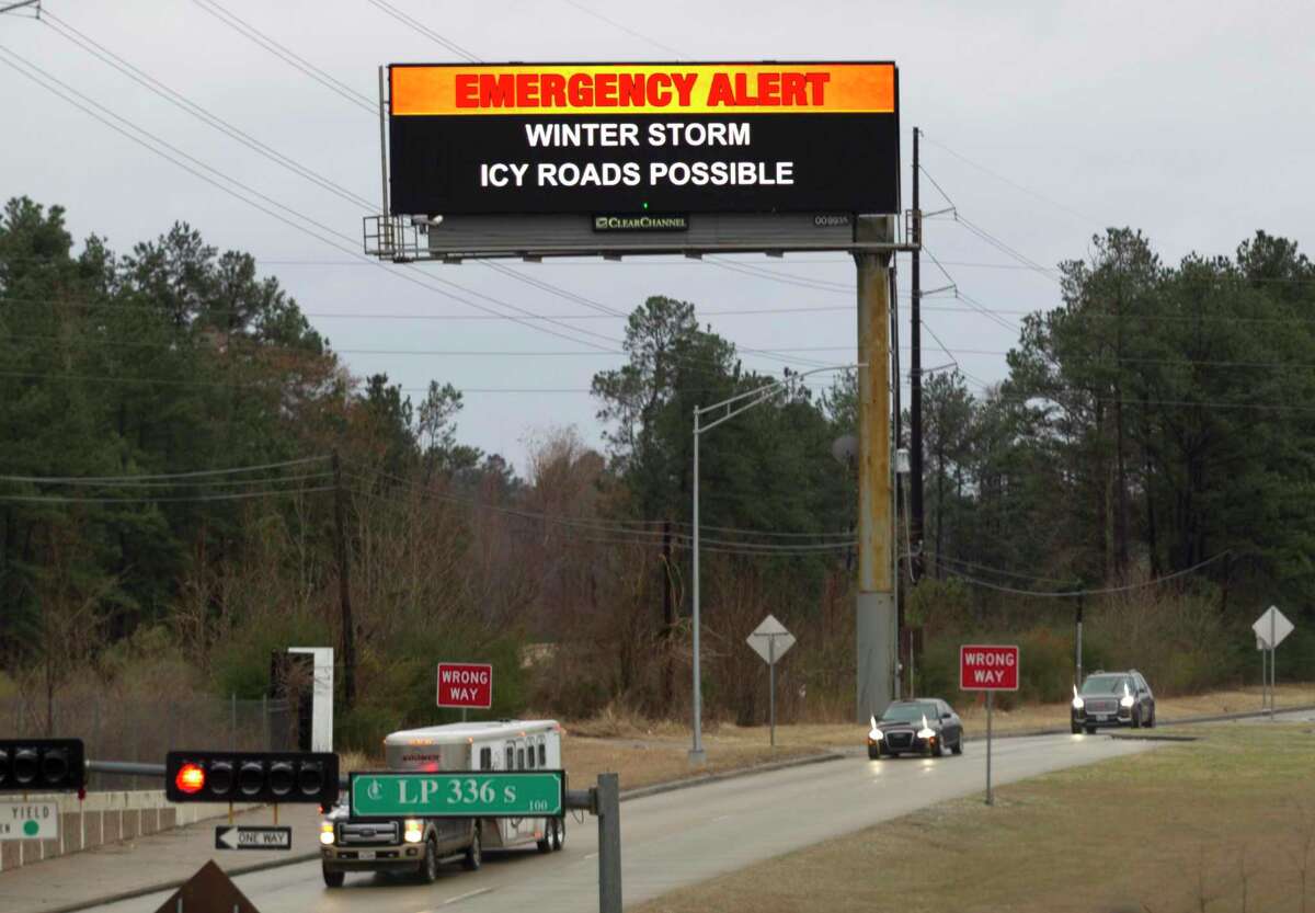 A digital billboard warns residents of a winter storm and icy conditions near I-45 North and South Loop 336. After having little interest in digital billboards, the Conroe City Council is now considering changes to its sign ordinance that would allow for LED signs with the removal of traditional static signs.