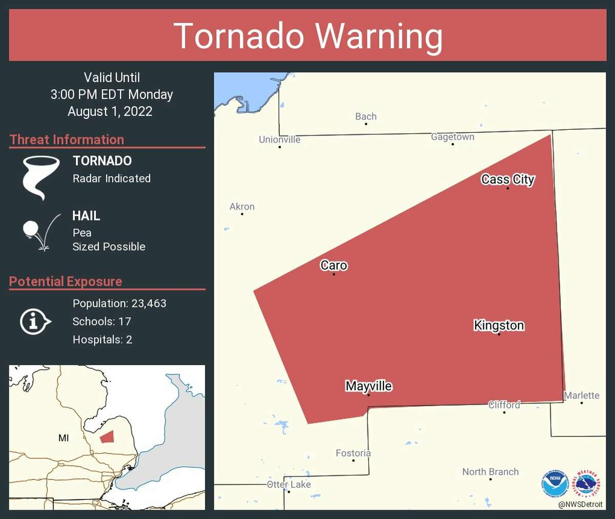 A map shows the tornado-warned area of Tuscola County Monday, Aug. 1. 