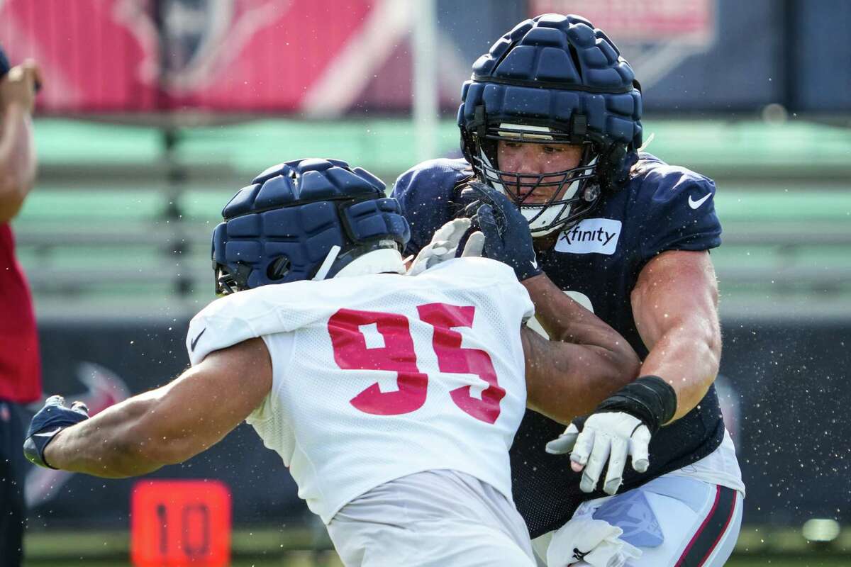 Houston Texans center Jimmy Morrissey (79) looks on during the NFL football  team's training camp at Houston Methodist Training Center, on Wednesday,  July 26, 2023, in Houston. (AP Photo/Maria Lysaker Stock Photo - Alamy