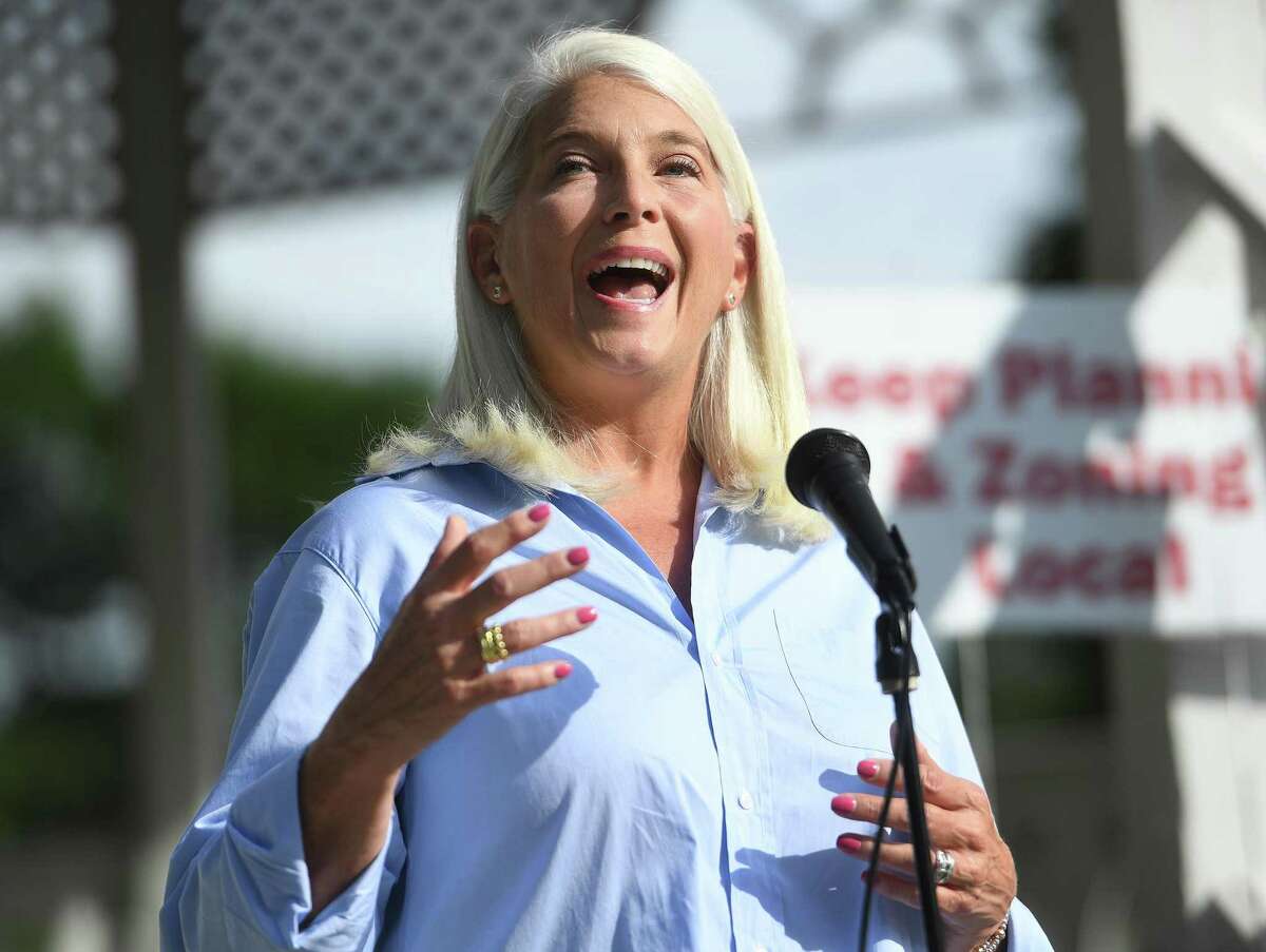 Republican candidate for Congress and former Darien first selectman Jayme Stevenson speaks at a rally in Fairfield, Conn., on zoning issues on Monday, July 26, 2022.