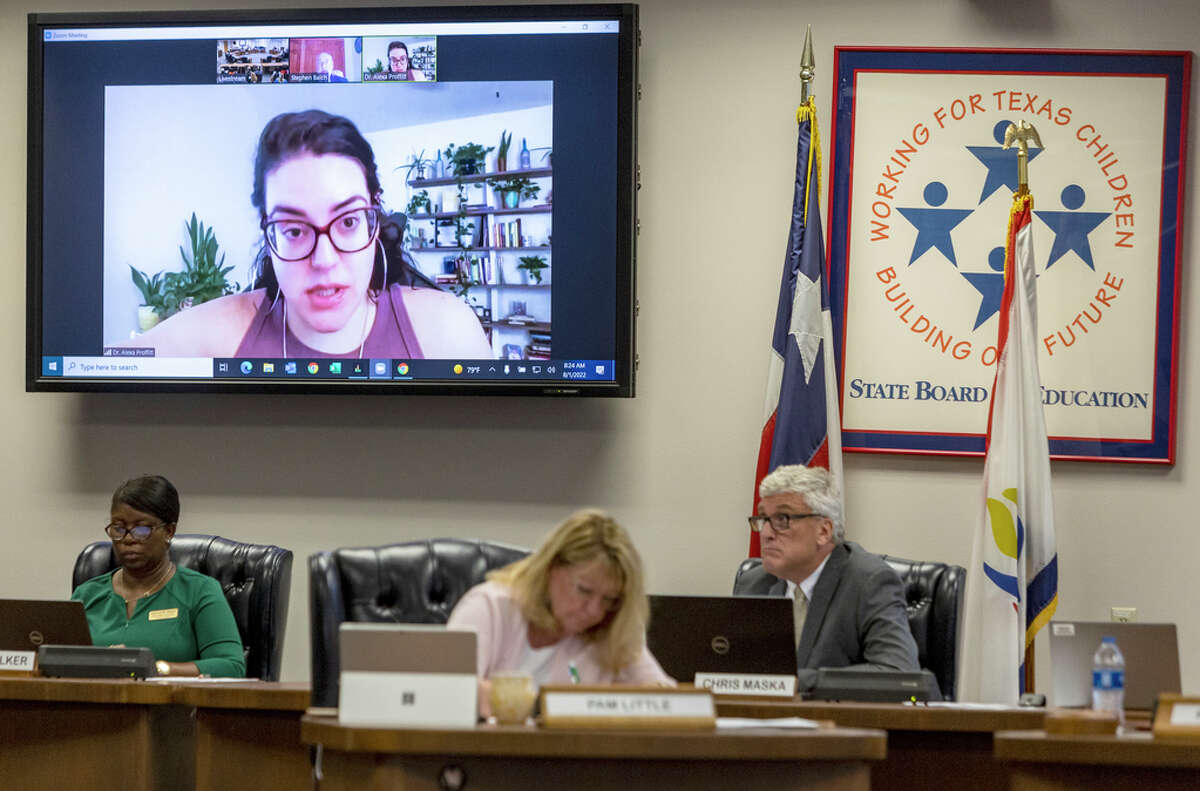 Alexa Proffitt, assistant professor of practice in the Department of Interdisciplinary Learning and Teaching at The University of Texas at San Antonio, is seen on screen Monday, Aug. 1, 2022, at the William B. Travis Building in Austin as she addresses the State Board of Education during a special board meeting. The board was hearing public testimony and discussing updates to the state’s social studies curriculum.