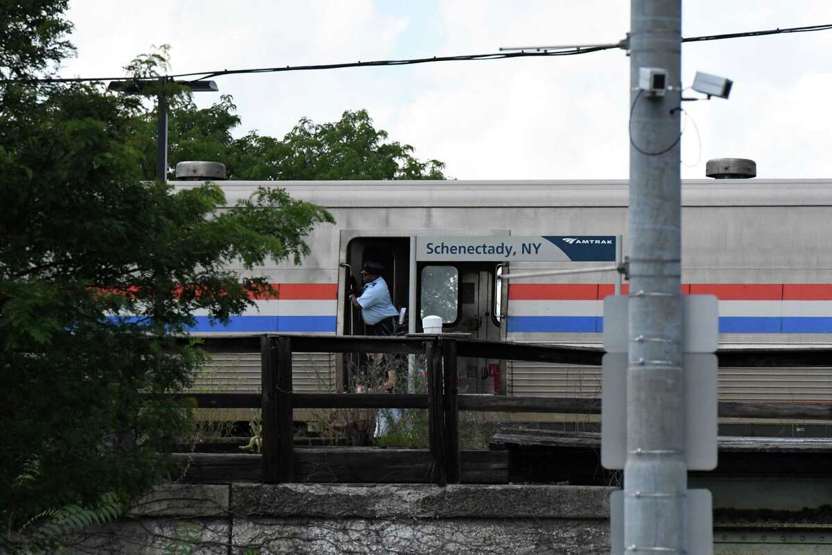 An eastbound Amtrak train waits at the Schenectady station on Monday Aug. 1, 2022, in Schenectady, N.Y.