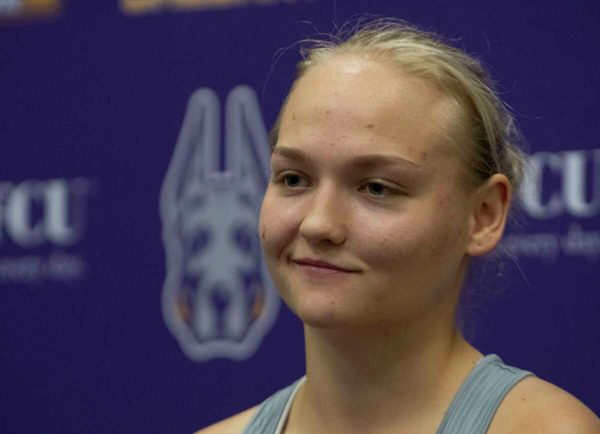 University at Albany women’s basketball player Marie Sepp talks about the upcoming season during a press conference at SEFCU Arena on Monday, Aug. 1, 2022 in Albany, N.Y.