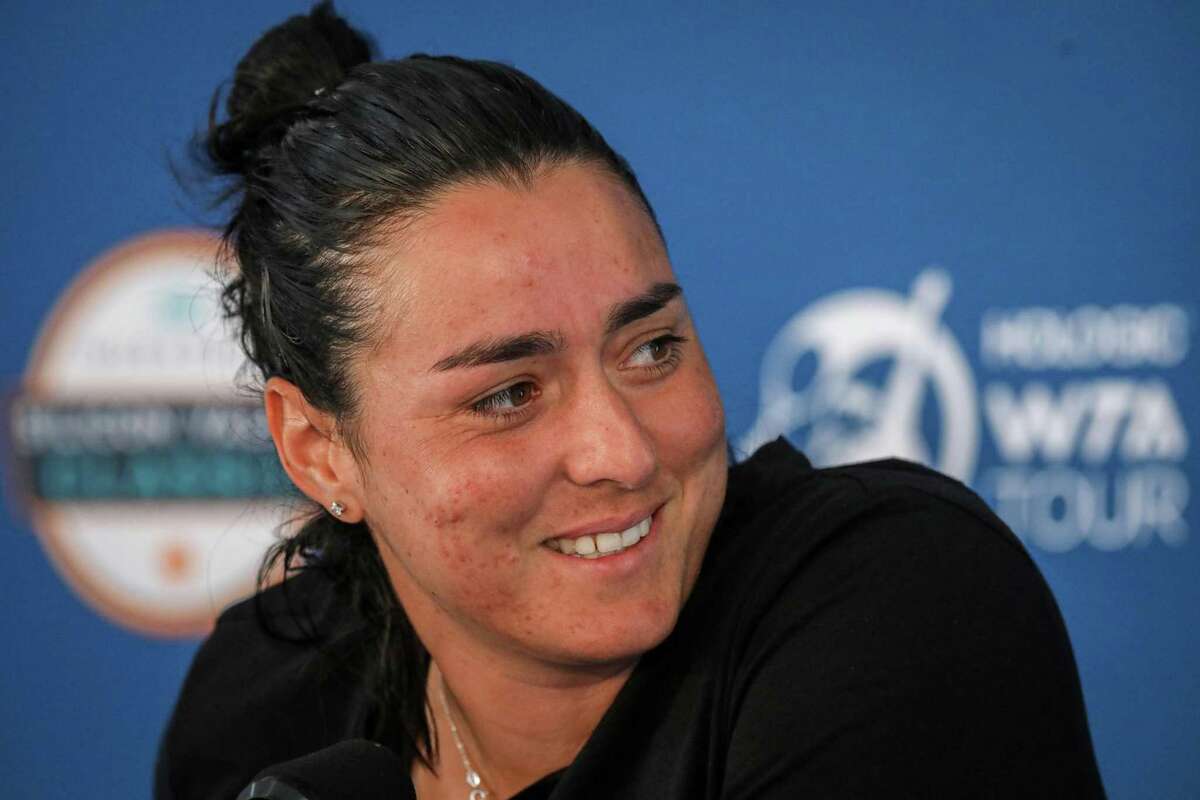 Wimbledon finalist Ons Jabeur answers questions during a press conference in the Mubadala Silicon Valley Classic at San Jose State University in San Jose, Calif. on Monday, Aug. 1, 2022.