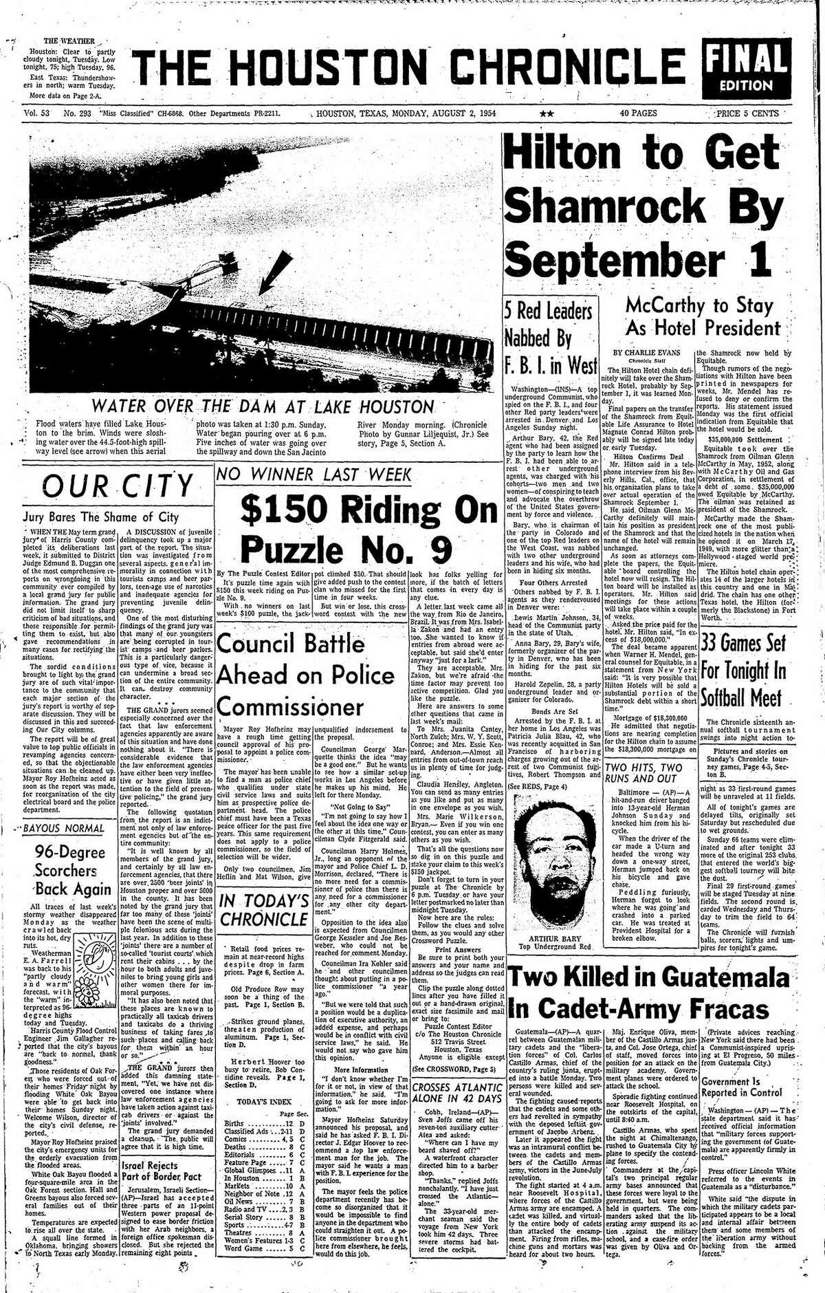 Houston Chronicle front page for Aug. 2, 1954.
