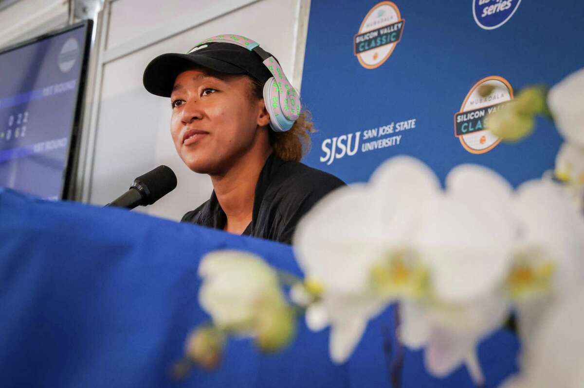 Four-time Grand Slam champion Naomi Osaka answers questions during a press conference in the Mubadala Silicon Valley Classic at San Jose State University in San Jose, Calif. on Monday, Aug. 1, 2022.