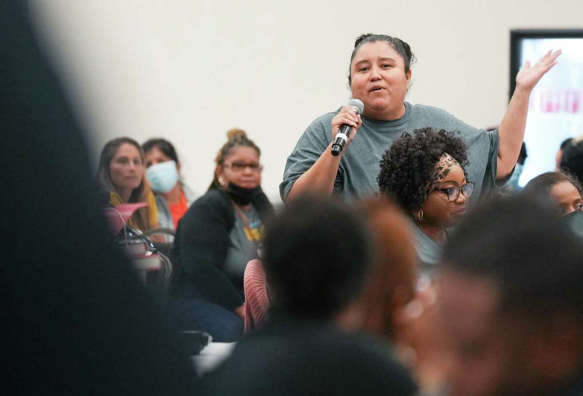 Adriana Cano, a center manager for a Headstart program in Ft. Bend, asks a question during a presentation on active attacker situations by Alvin ISD Sgt. Jermaine Jackson at NRG Center on Monday, Aug. 1, 2022 in Houston. Cano, referenced the shooting in Uvalde, and the apparent inaction of law enforcement when it comes to preparedness for active attacker situations.