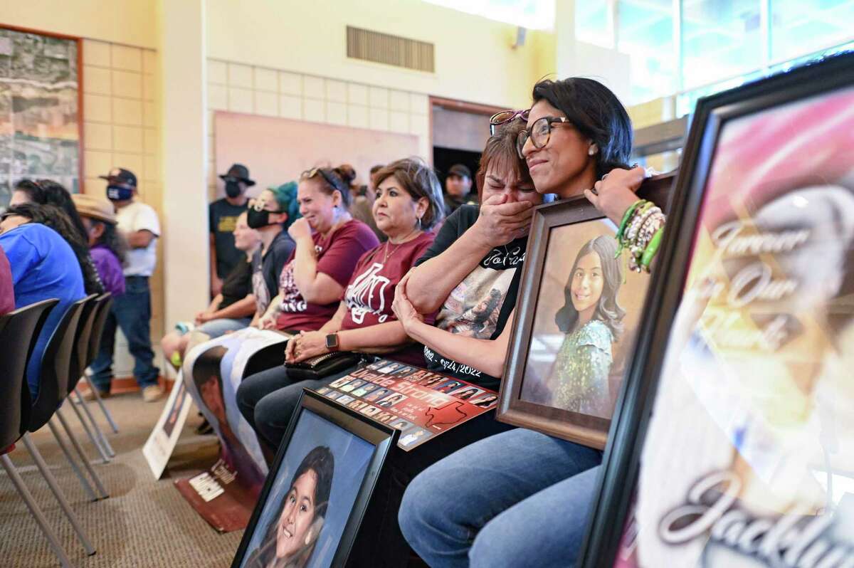 Ana Rodriguez, right, mother of Maite Rodriguez, killed in the school shooting in Uvalde on May 24, and Berlinda Arreola, grandmother of shooting victim Amerie Jo Garza, react to the Hondo City Council vote Monday to cancel the rental of city property for a planned National Rifle Association that would have included a raffle of an assault rifle.