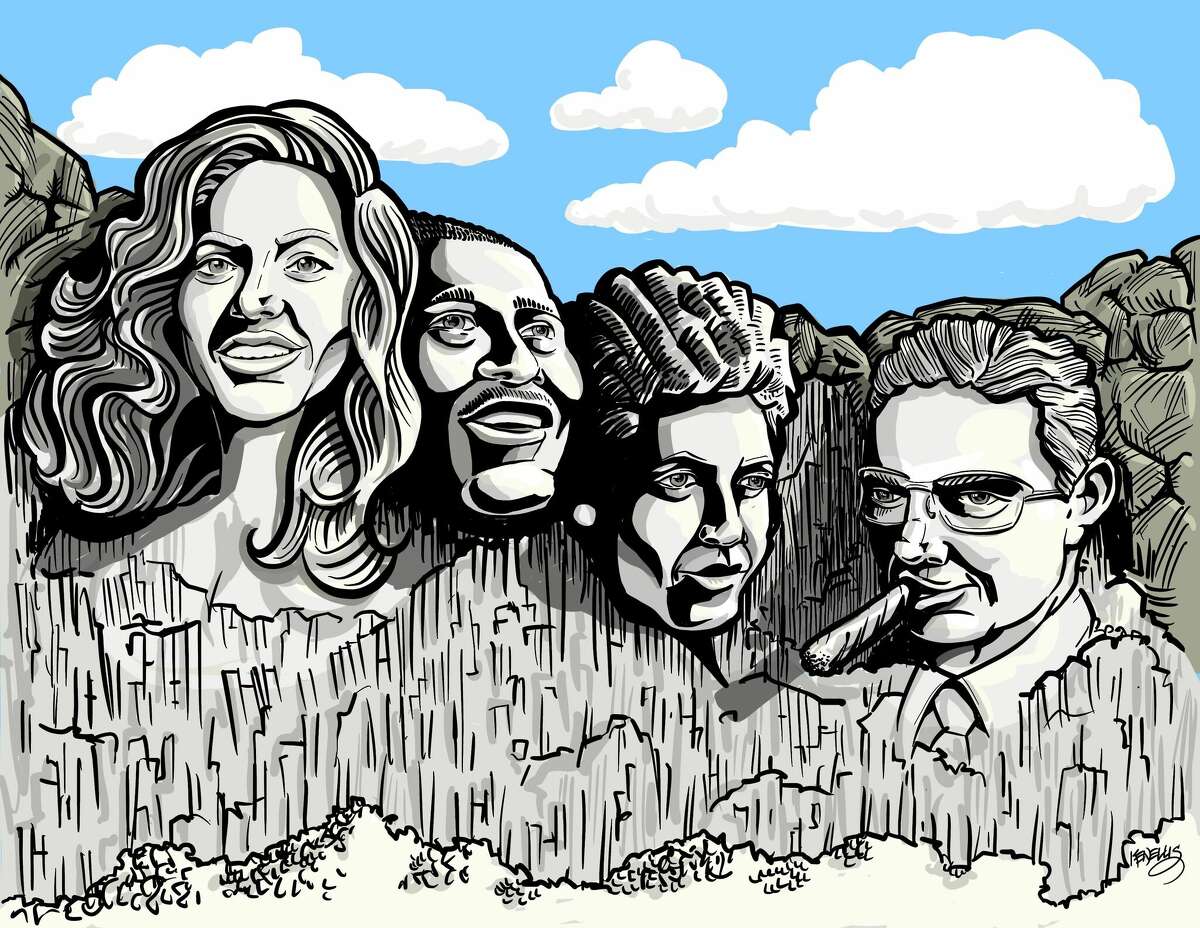 In this illustration, Beyoncé, Hakeem Olajuwon, Barbara Jordan and Roy Hofheinz are memorialized on a fictional Houston Mount Rushmore.