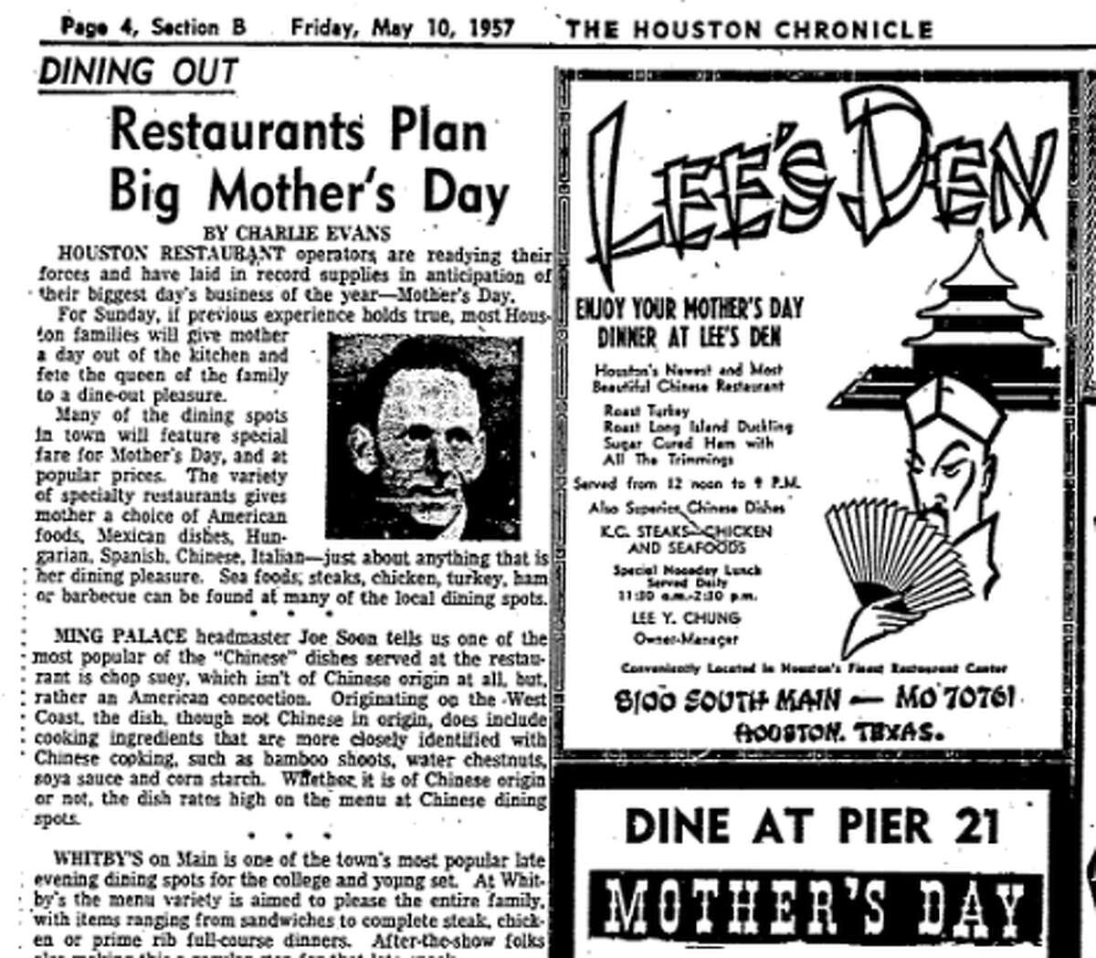 Chinese restaurant Lee's Den placed a Mother's Day ad in the Houston Chronicle in 1957, shortly after it opened on South Main.