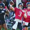 Houston Texans quarterback Kyle Allen (3) throws a pass during an NFL training camp Tuesday, Aug. 2, 2022, in Houston.