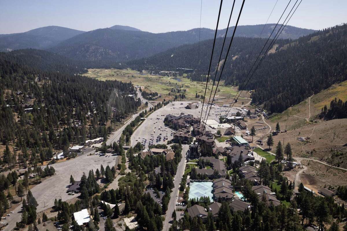 The Olympic Valley ski area is seen from above. A gondola currently under construction will link the area to Alpine Meadows.