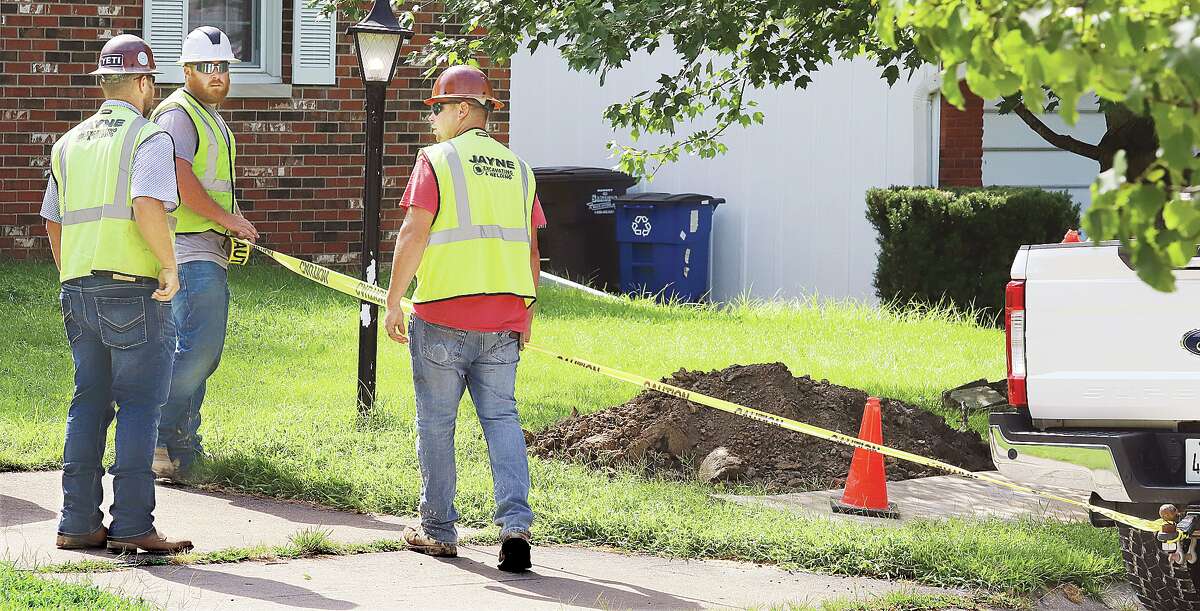 John Badman|The Telegraph Workers digging in the front yard of a house in the 4900 block of Cinderella in Godfrey accidently struck a gas line at about 10 a.m. Tuesday. Godfrey firefighters responded as a precaution and Ameren's gas division was on the scene. Firefighters said the leak was not a serious issue due to the breeze keeping it from concentrating. Firefighters remained until the leak was capped. No injuries were reported.