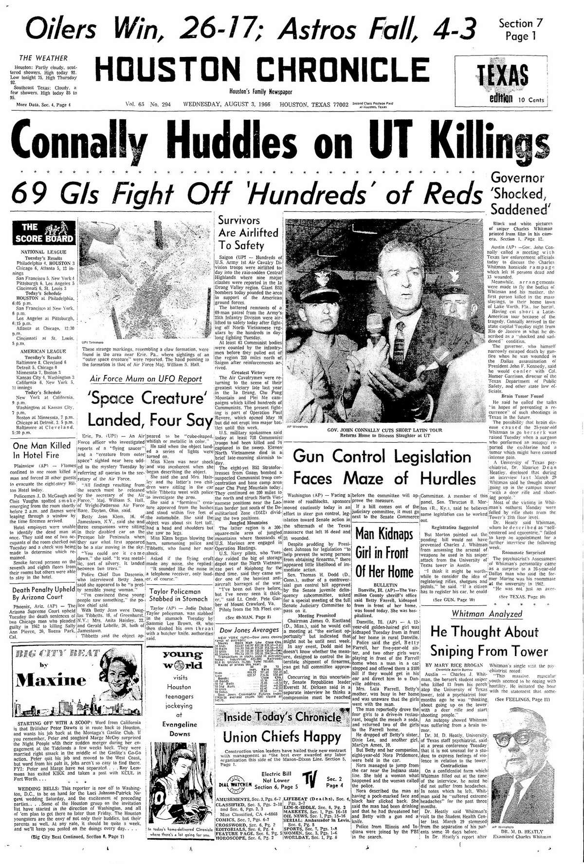 Houston Chronicle front page from Aug. 3, 1966.