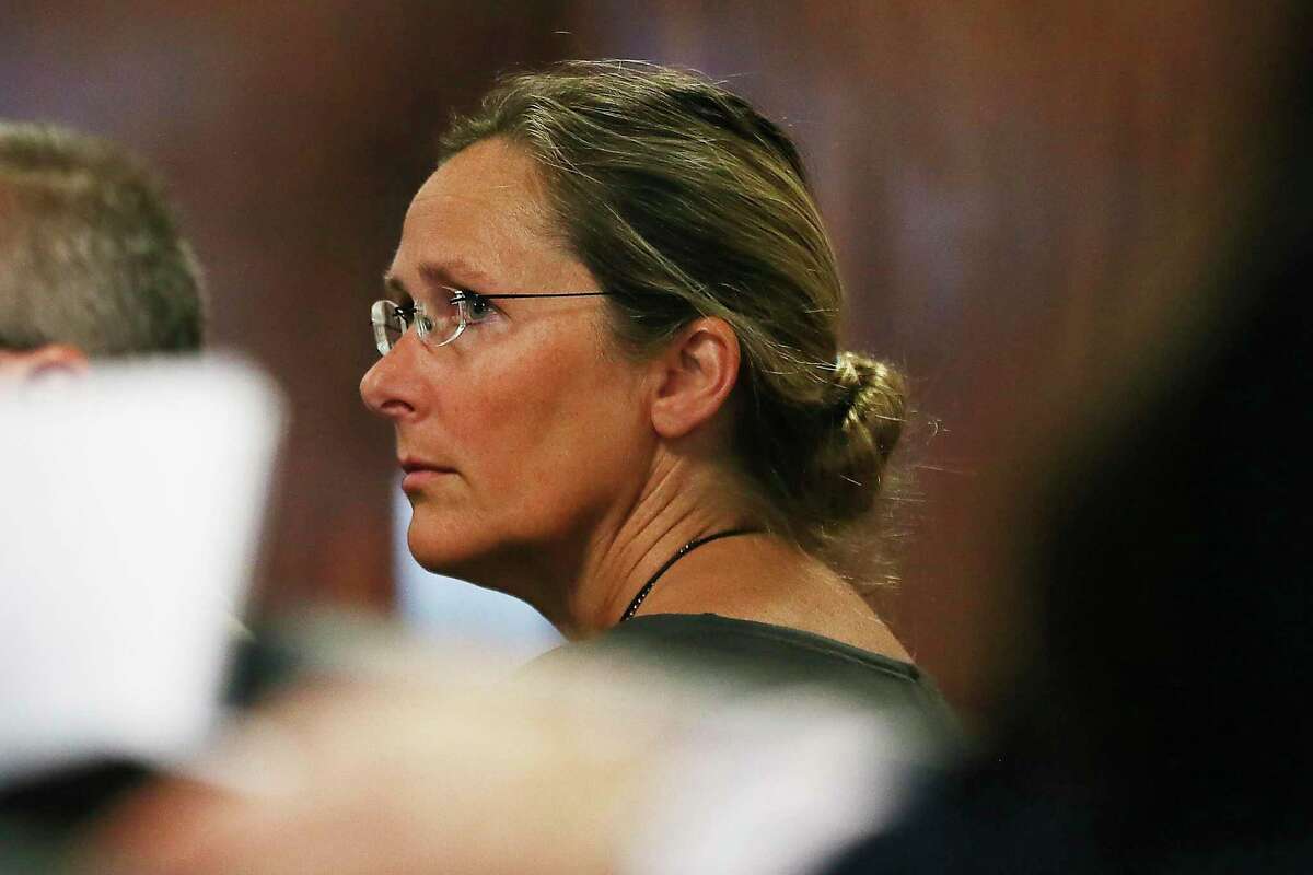 Scarlett Lewis, mother of 6-year-old Sandy Hook shooting victim Jesse Lewis, appears in court during the trial for Alex Jones, Tuesday Aug. 2, 2022, at the Travis County Courthouse in Austin. Jones has been found to have defamed the parents of a Sandy Hook student for calling the attack a hoax. (Briana Sanchez/Austin American-Statesman via AP, Pool)
