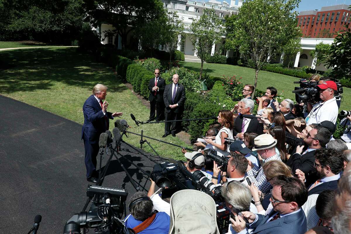 U.S. President Donald Trump talks to the media on the South Lawn of the White House in Washington, D.,C., before his departure to Louisville, Kentucky on Aug. 21, 2019. (Yuri Gripas/Abaca Press/TNS)