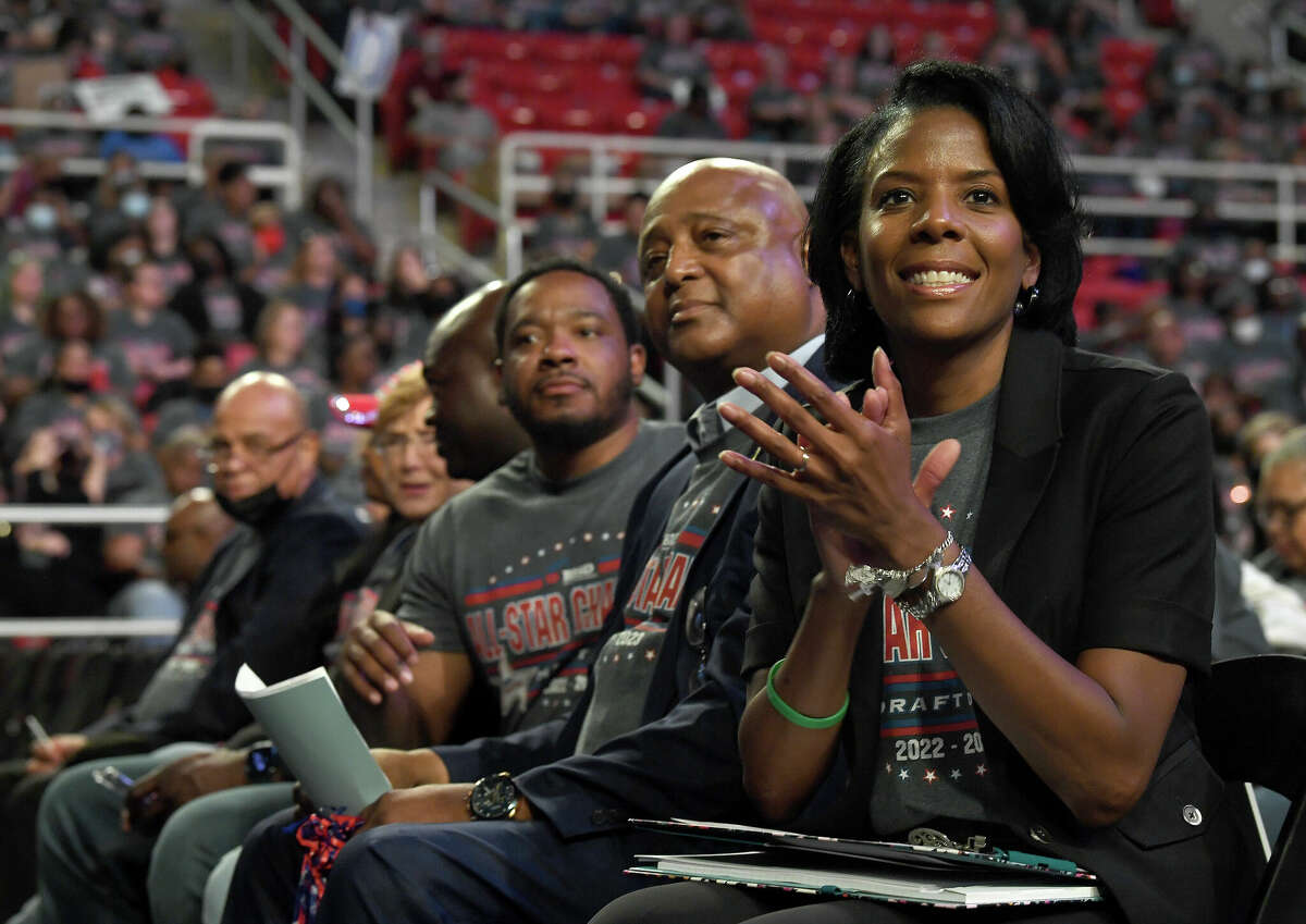Superintendent Shannon Allen and board members react as schools are acknowledged during the Beaumont ISD annual convocation Tuesday at the Montagne Center. Photo made Tuesday, August 2, 2022. Kim Brent/The Enterprise