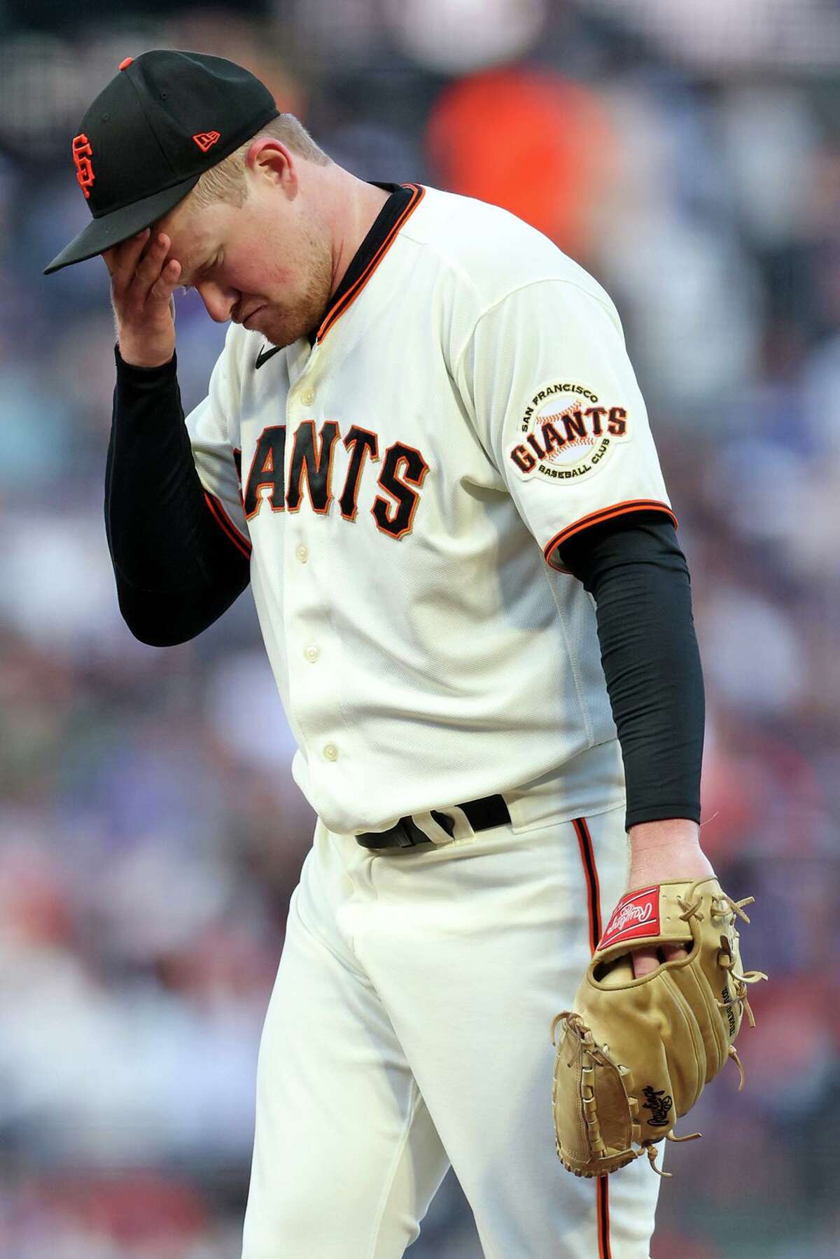 San Francisco Giants’ Logan Webb reacts as Los Angeles Dodgers take a 5-1 lead in 3rd inning during MLB game at Oracle Park in San Francisco, Calif., on Monday, August 1, 2022.