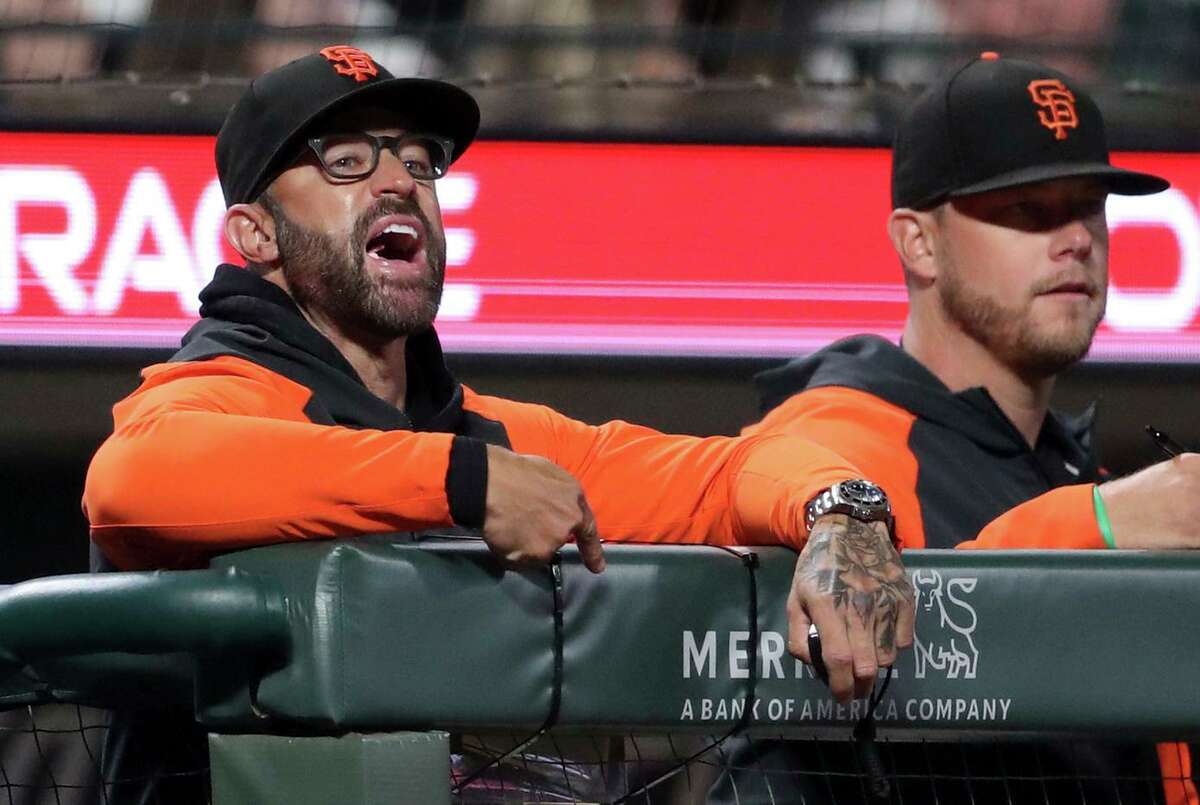 San Francisco Giants’ manager Gabe Kapler yells in 9th inning against Los Angeles Dodgers during MLB game at Oracle Park in San Francisco, Calif., on Monday, August 1, 2022. Giants will struggle to keep up with rival Dodgers and Padres.