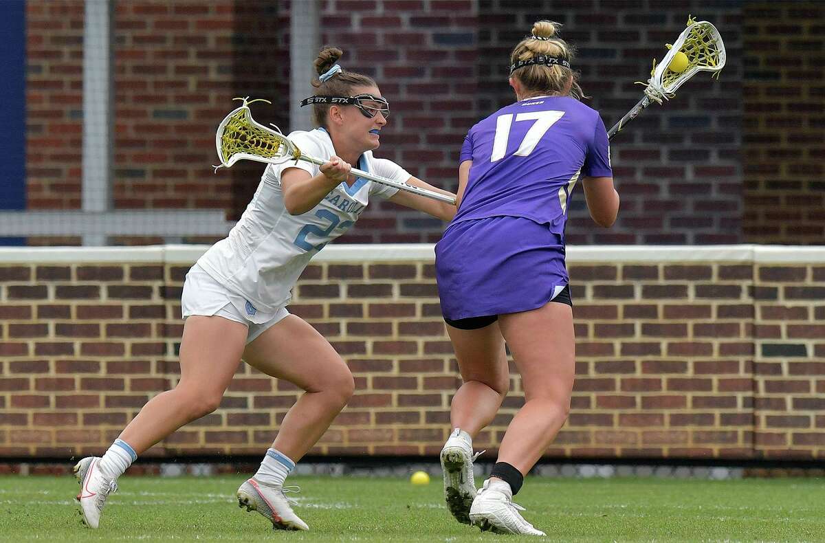North Carolina’s Emma Trenchard (23) defends during an NCAA women’s lacrosse Div. I semifinals against Northwestern on May 27, 2022.