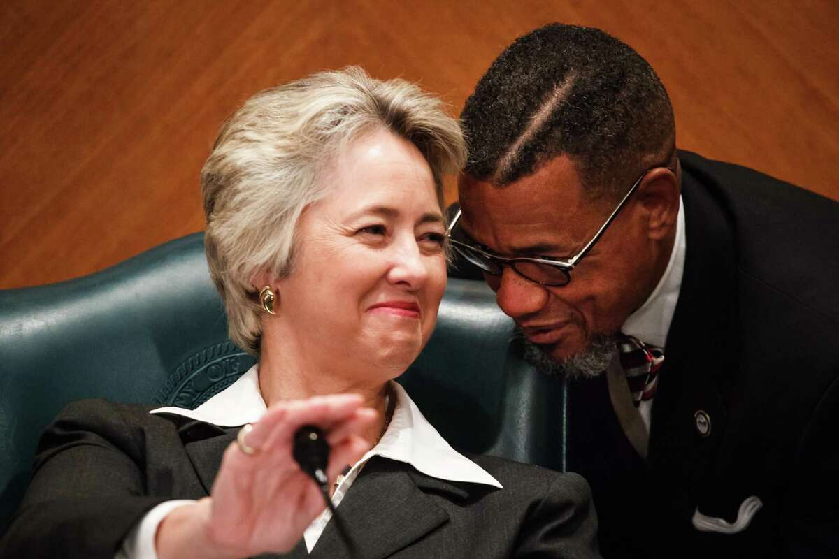 Mayor Annise Parker listens to William Paul Thomas, Council Liaison, as she presides over weekly City Council Meeting, Wednesday, Oct. 9, 2013, in Houston.