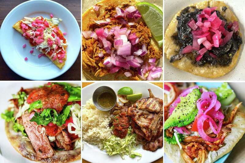 从左上角开始顺时针方向:Los Yucatecos的肉馅卷饼，Cochinita的Cochinita pibil taco, Yucatasia的taco配relleno negro, Cocina Mayah的pocc - chuc panucho, pocc - chuc的Poc chuc, Cocina Mayah的Chicken Salbute