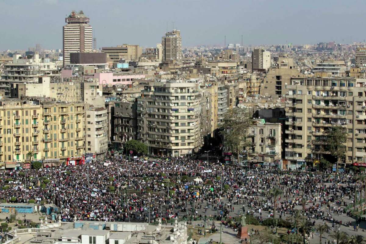 A view of protestors gathered in Tahrir, or Liberation Square, in Cairo, Egypt, Monday, Jan. 31, 2011.