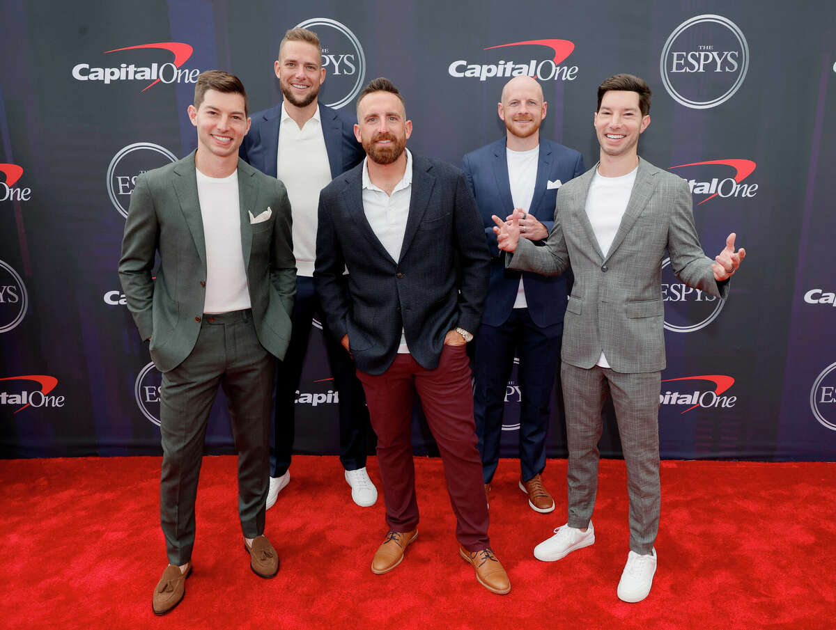 FILE PHOTO (L-R) Coby Cotton, Cody Jones, Tyler Toney, Garrett Hilbert, and Cory Cotton of Dude Perfect attend the 2021 ESPY Awards.