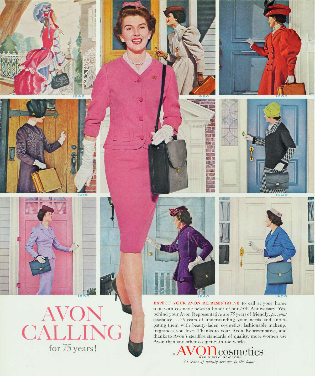 A 1961 advertisement from Avon's 75th year shows the different generations of sales representatives. The popular catchphrase "Ding-dong, Avon calling" originated in the 1950s.