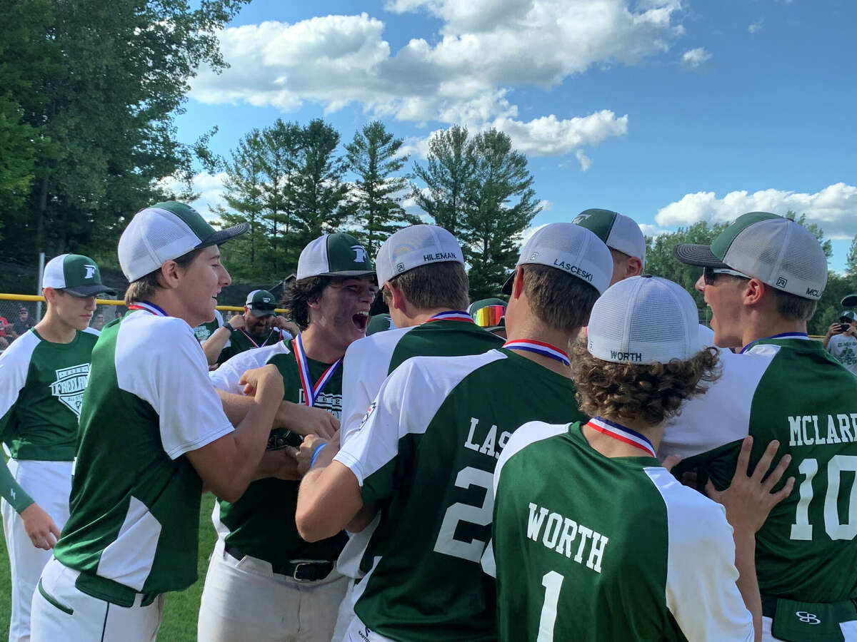 Freeland's Junior League Baseball all-stars celebrate after beating Shepherd in the district final on July 28, 2022.