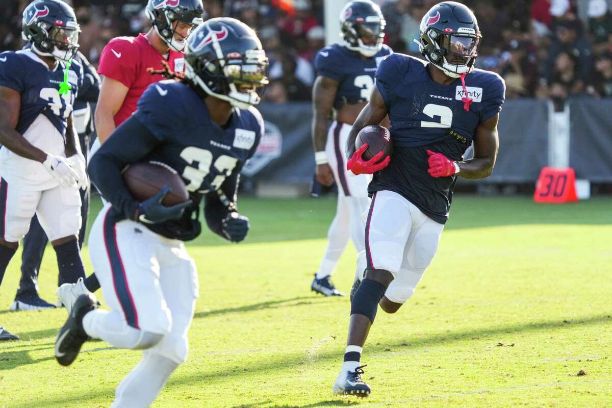 Houston Texans running back Marlon Mack (2) runs the ball during drills during an NFL training camp Wednesday, Aug. 3, 2022, in Houston.
