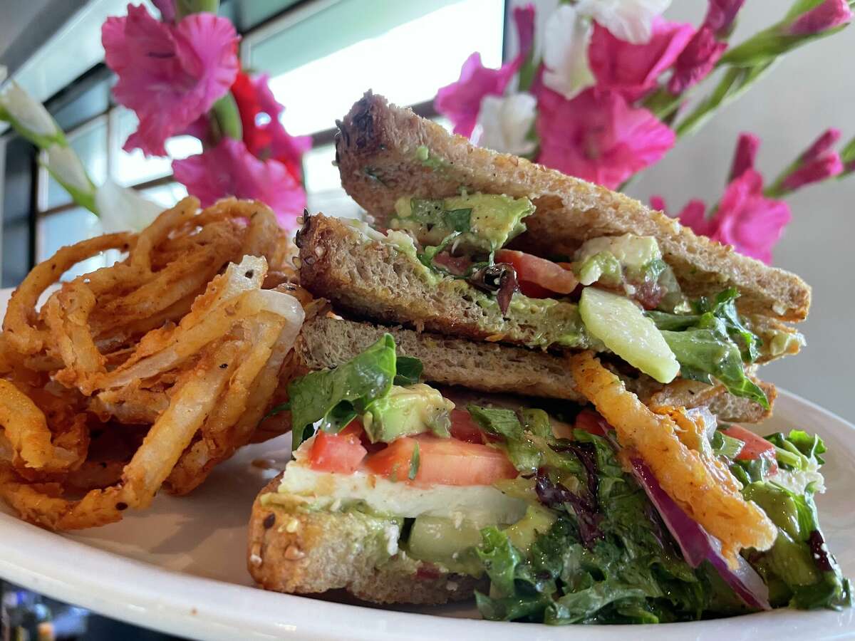 The veggie sandwich with onion rings at Down on Grayson is good enough to appeal to a devoted carnivore.