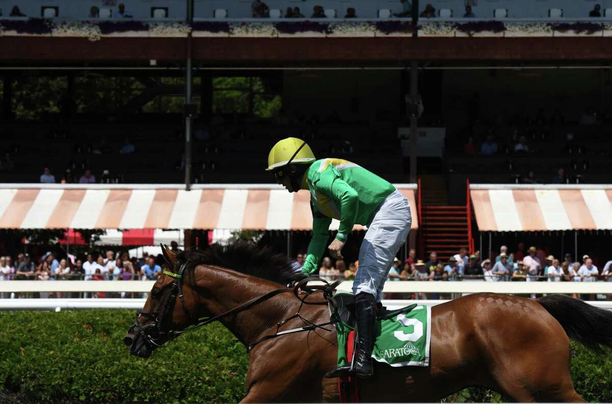 Jockey Barry Foley rides Howyabud past the line after wining the Jonathan Kiser Novice Stakes on Wednesday, Aug. 3, 2022, at Saratoga Race Course in Saratoga Springs, N.Y.