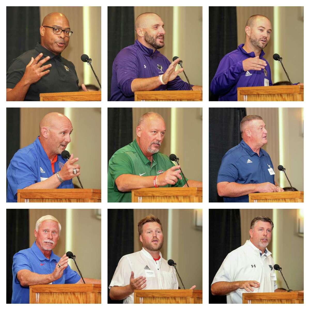 Nine Montgomery County football coaches spoke at the 46th annual Conroe Noon Lions Club Buddy Moorhead Pigskin Preview Wednesday, August 3, 2022 at Lone Star Convention Center in Conroe.