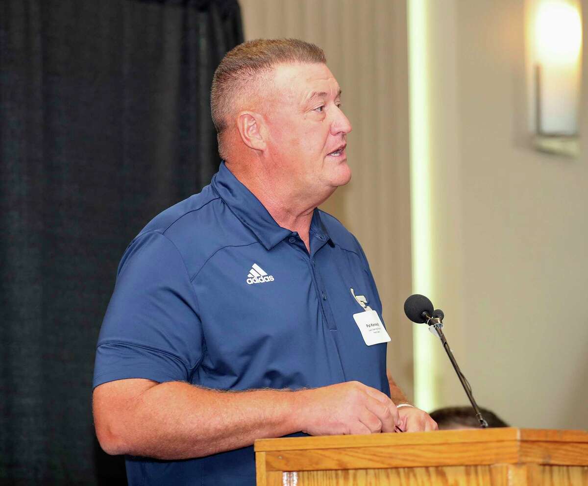 Lake Creek head coach Pat Kennedy speaks during the annual Conroe Noon Lions Club Pigskin Preview at the Lone Star Convention & Expo Center, Wednesday, Aug. 3, 2022, in Conroe.
