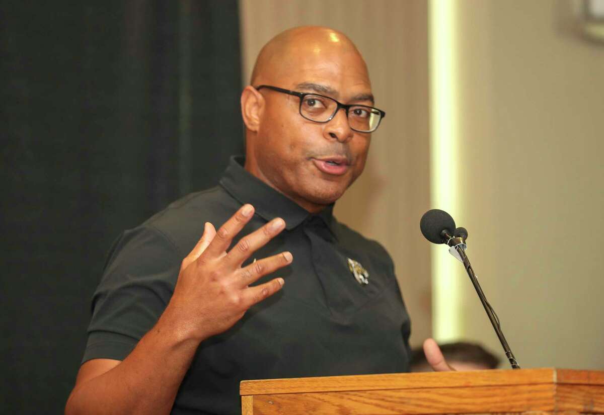 Conroe head coach Cedric Hardeman speaks during the annual Conroe Noon Lions Club Pigskin Preview at the Lone Star Convention & Expo Center, Wednesday, Aug. 3, 2022, in Conroe.
