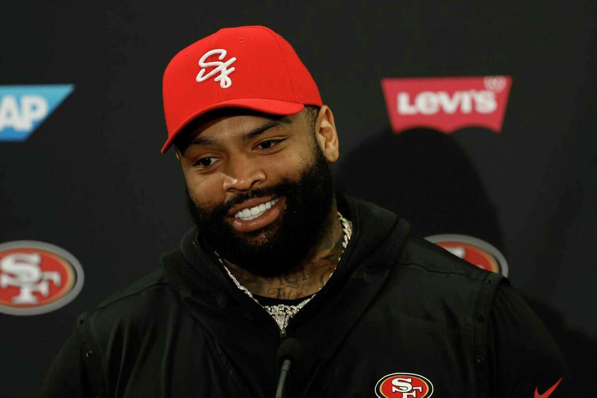 San Francisco 49ers' Trent Williams speaks to the media after practice at the NFL football team's practice facility in Santa Clara, Calif., Monday, Aug. 1, 2022. (AP Photo/Josie Lepe)