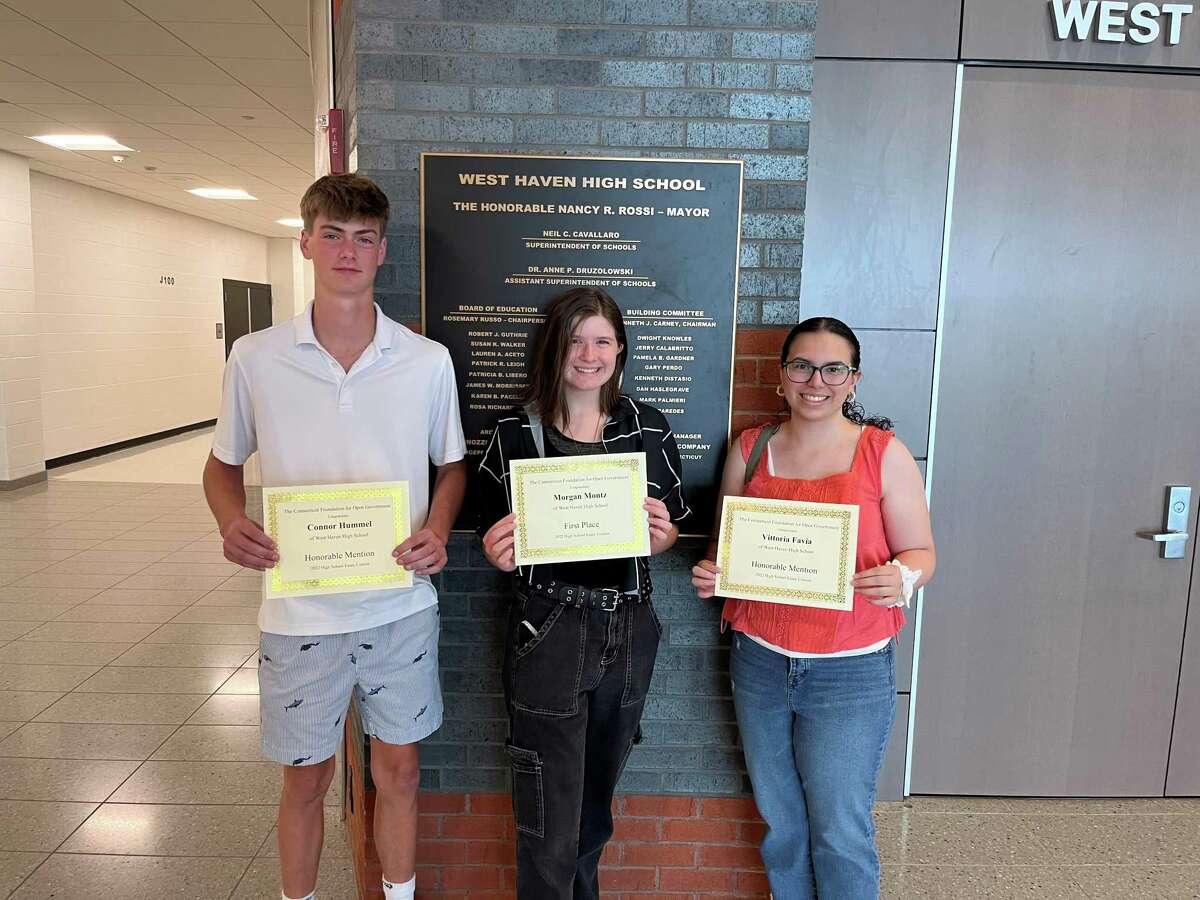 West Haven High School students Connor Hummel, Morgan Montz and Vittoria Favia with their awards from the 2022 Connecticut Foundation for Open Government’s Forrest Palmer High School Essay Contest.