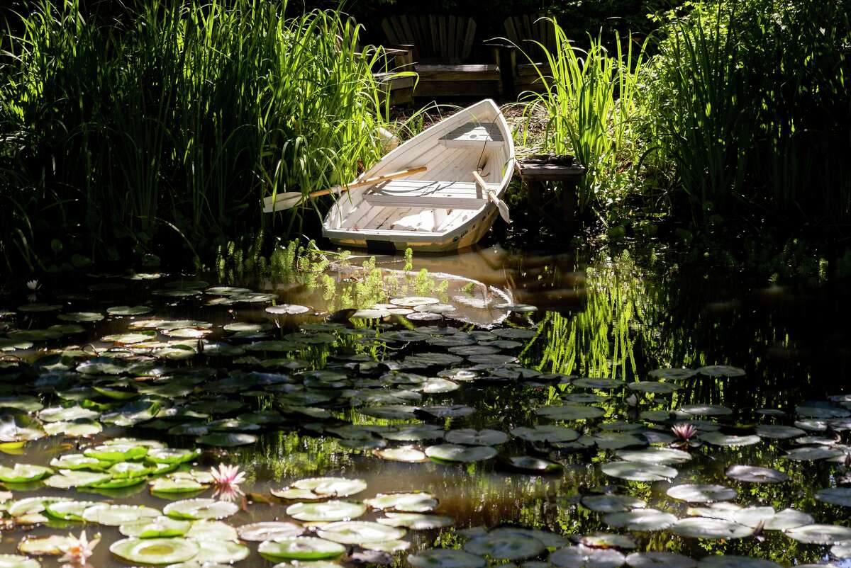 Ein Ruderboot liegt am Teich in Western Hills Garden, einer 3 Hektar großen Gärtnerei, die überall ein Modell für Gartenausstellungen ist.