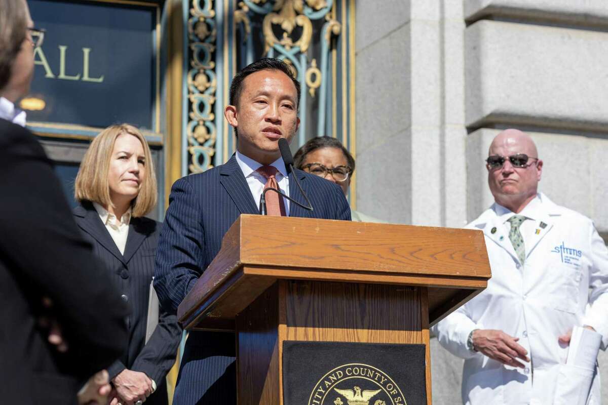 San Francisco City Attorney David Chiu speaks at a press conference about abortion rights at City Hall on June 1, 2022.