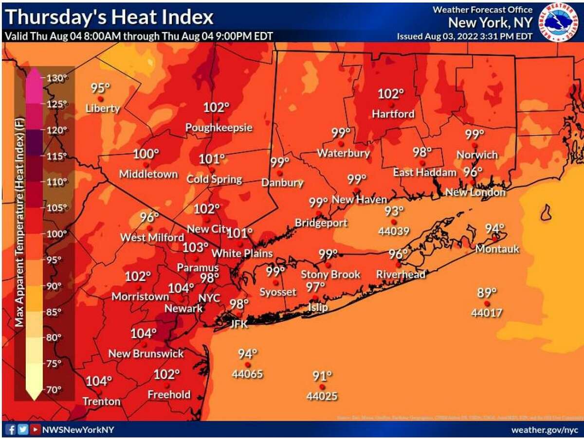 Heat index values in Connecticut for Thursday, Aug. 4, 2022.