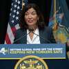 Governor Kathy Hochul makes an announcement about New York State’s fight to stop the flow of illegal guns into the state at the New York State Police Forensic Investigation Center on Thursday, Aug. 4, 2022 in Albany, N.Y.