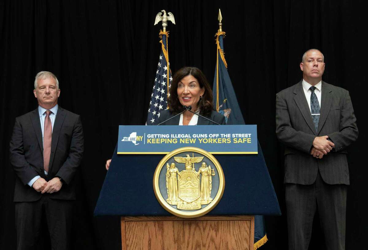 Governor Kathy Hochul makes an announcement about New York State’s fight to stop the flow of illegal guns into the state at the New York State Police Forensic Investigation Center on Aug. 4 in Albany.