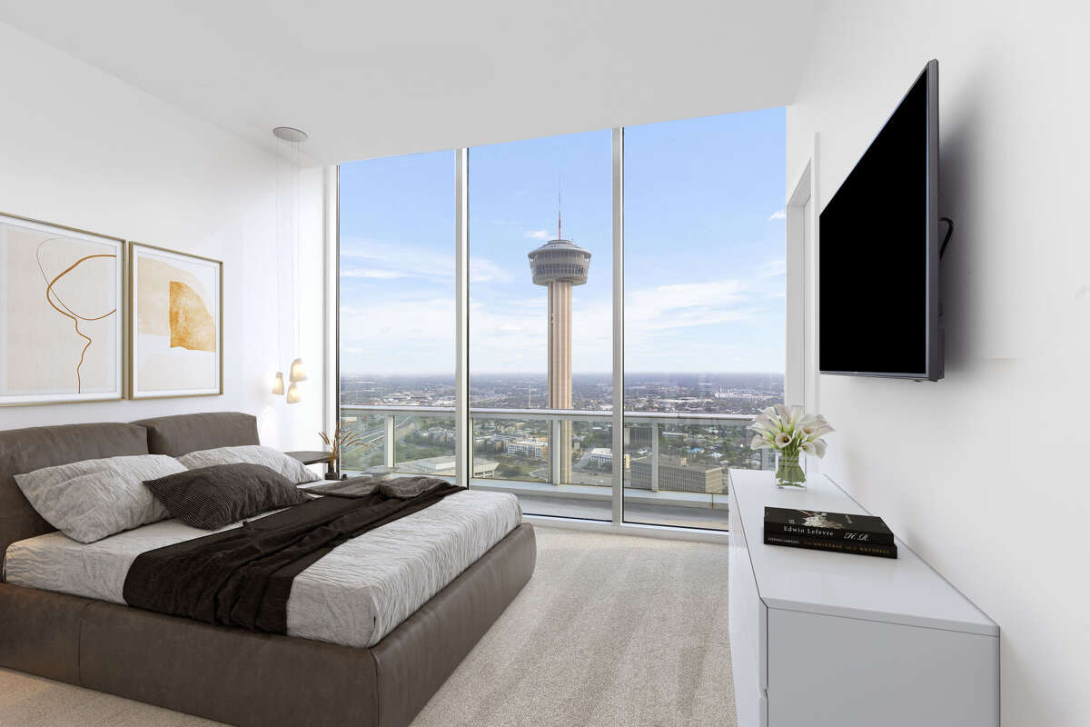 Through the floor-to-ceiling windows at the penthouse of the Grand Hyatt hotel are “breathtaking views” of the Tower of the Americas and downtown San Antonio. There’s also a private balcony. 