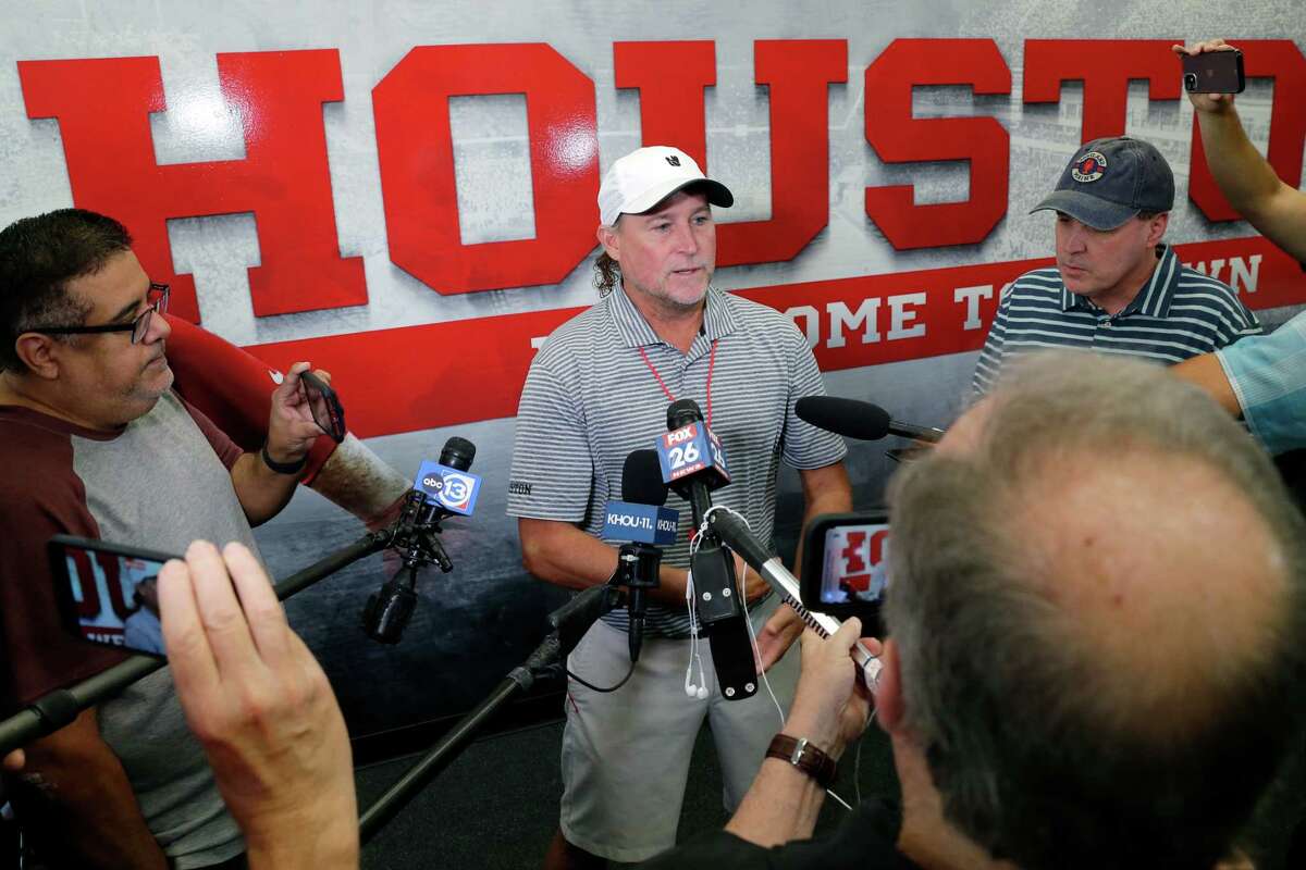 Houston Cougars head coach Dana Holgorsen speaks at a press conference during the first day of football practice at the University of Houston campus facilities Thursday, Aug. 4, 2022 in Houston, TX.
